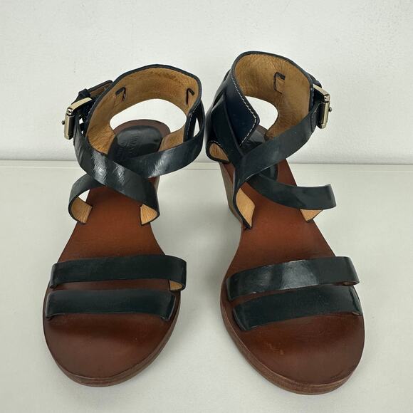 Coach Womens Prue Strappy Wooden Open Round Toe Navy/Brown Heel Wedge Sandals 5B - Picture 3 of 8
